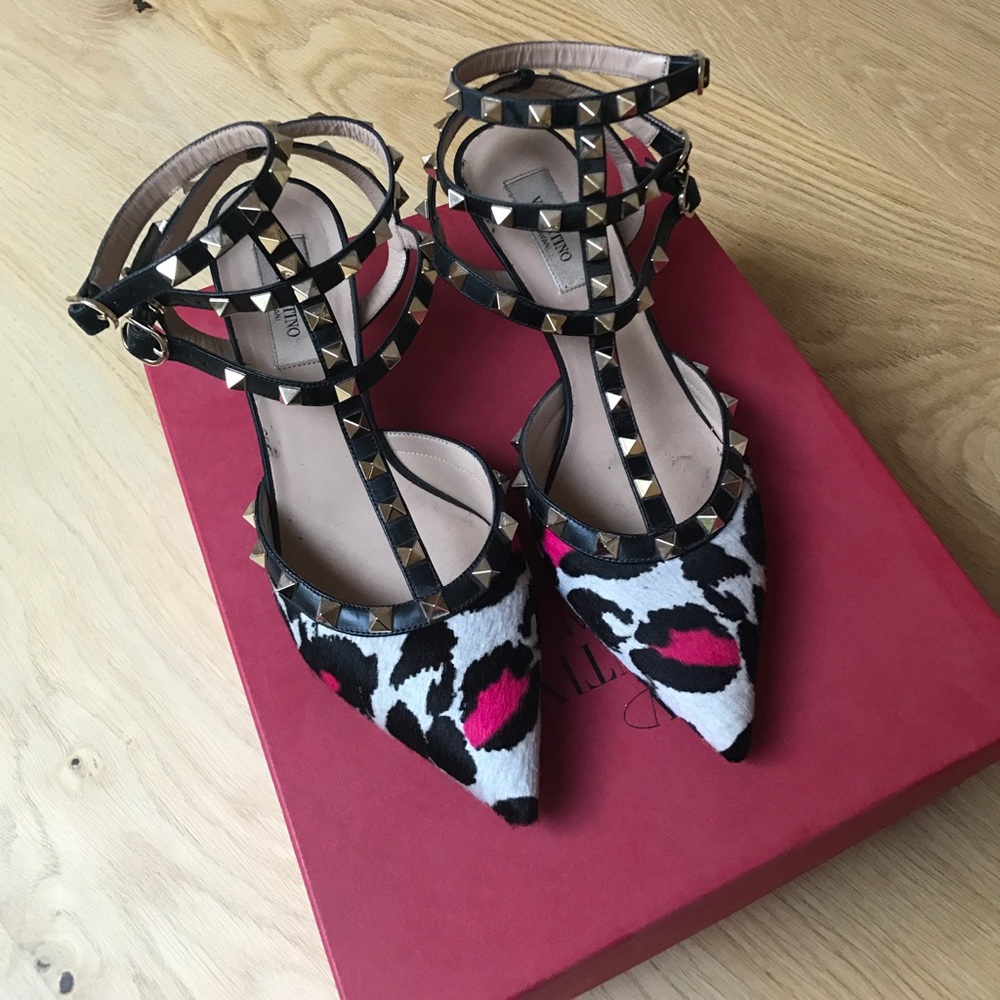 Valentino Black Studded T-Strap Pointed Toe Heels with Pink Accent
